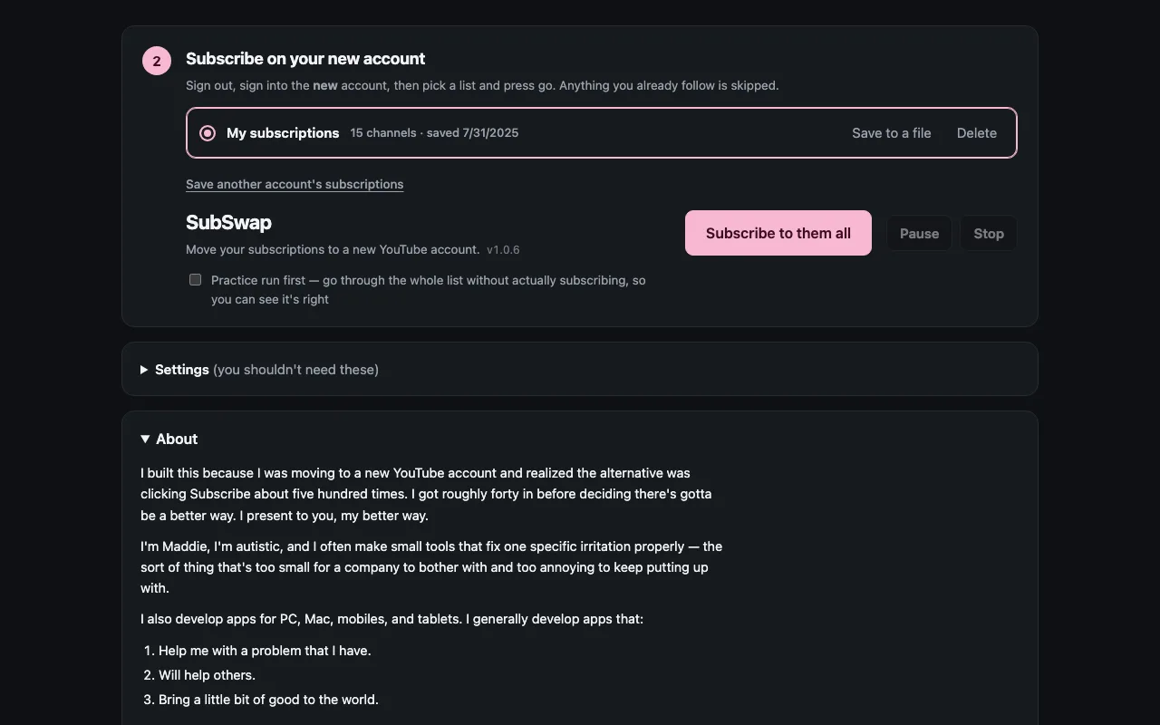 The About section, where Maddie explains why she built SubSwap and how she makes her living from small apps like it.