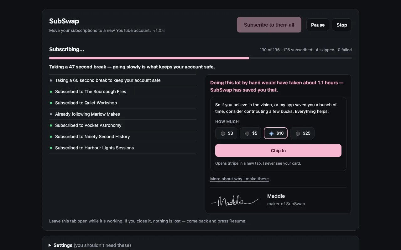 SubSwap taking a 47 second break partway through, because going slowly is what keeps your account safe.